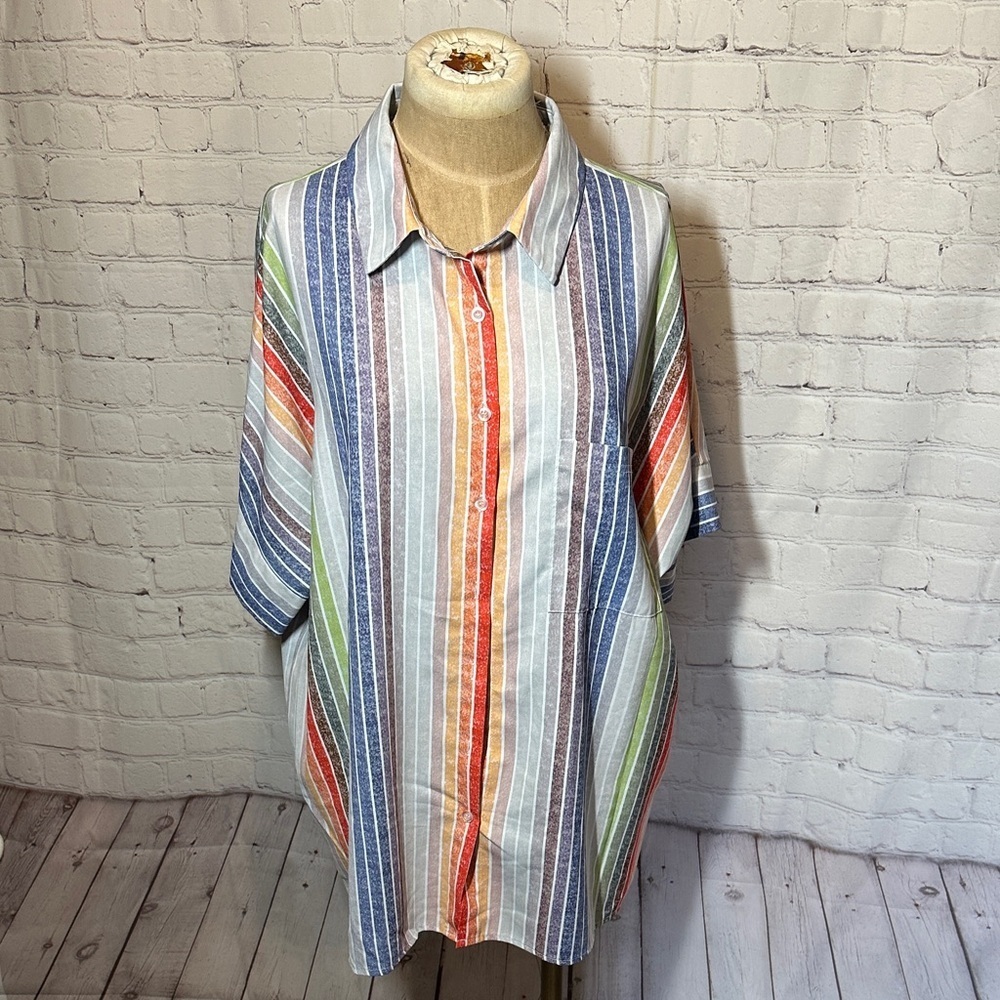 Mens XL Vertical Stripe Short Sleeve Button Down Shirt Multi Color